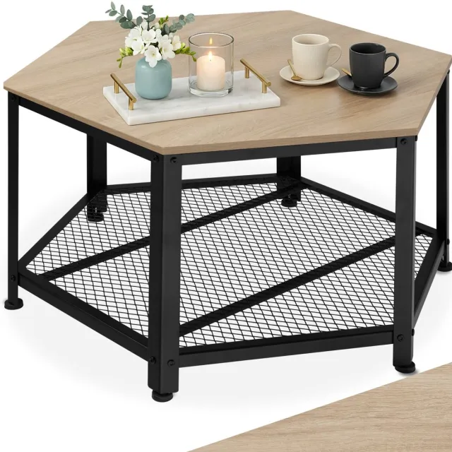 Tectake Salontafel met roosterplank - 6-hoekige tafel - Woonkamertafel met opbergruimte - Industrieel design - Zwart metalen frame - Afmeting (LxBxH) 86,5 x 75 x 46,5 cm - Lichtbruin