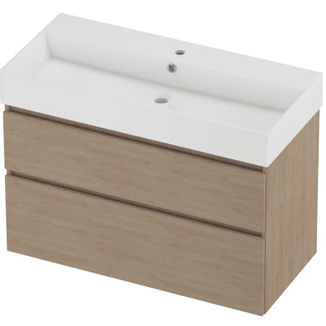 Proline Zara Badmeubelset Porselein Loft 1 Kraangat Asymmetrisch 100x46x73 cm Glans Wit Ideal Oak Eiken