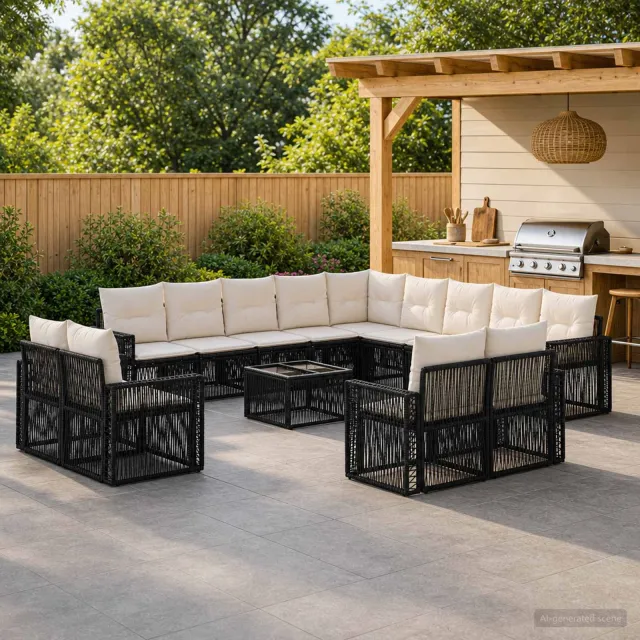 vidaXL Tuinbankenset 14 st 13-zits Zwart en Cream Wit poly rattan, foto 2