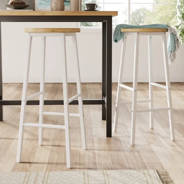 REDOM Barkrukset - Ronde MDF zitting met houtlook - Twee voetsteunen - Wit metalen onderstel - Keukeneiland - Wit - 30 x 30 x 70 cm