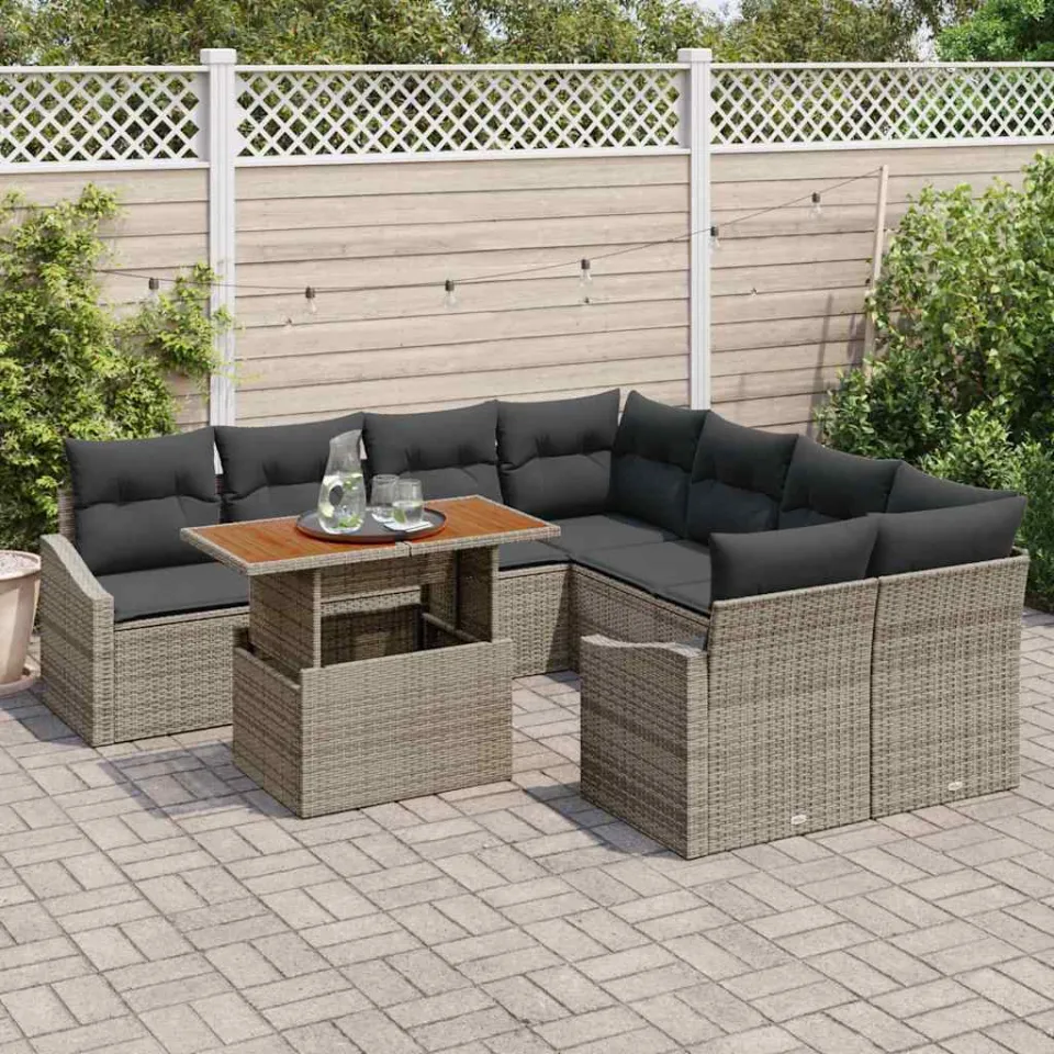 vidaXL Tuin Sofa Set 9 st Grijs Poly riet, foto 3