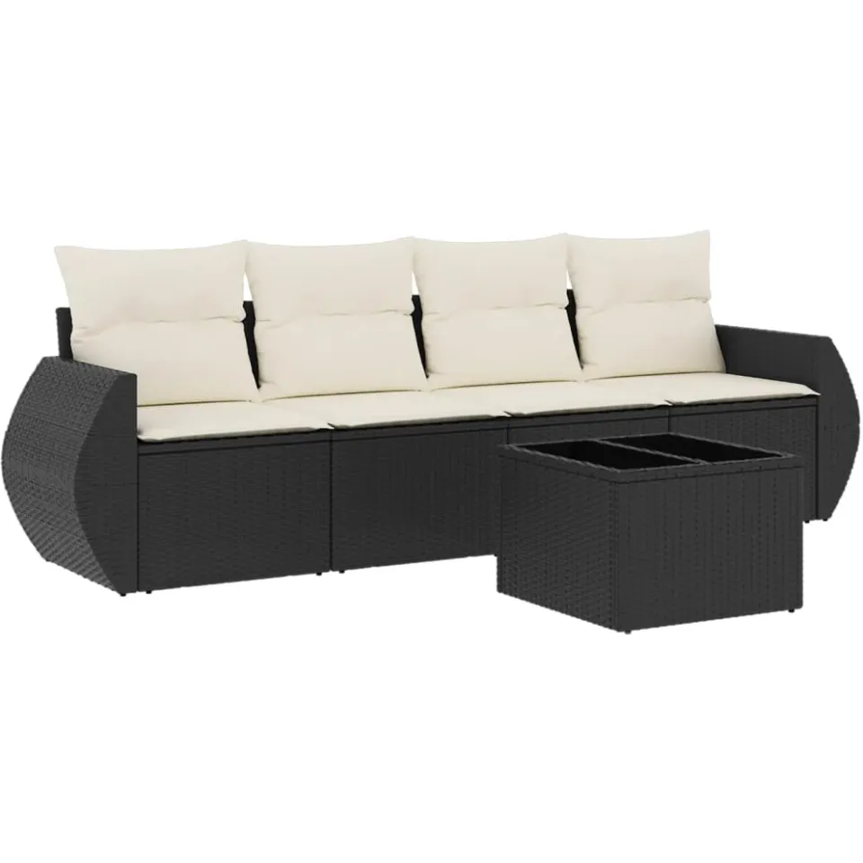 vidaXL 5-delige Loungeset met kussens poly rattan zwart