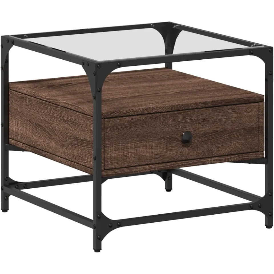 vidaXL Salontafel met glazen blad 50x50x45 cm bruineiken staal, foto 3