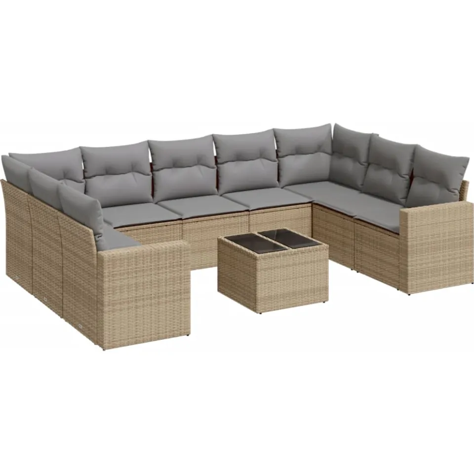 vidaXL 10-delige Loungeset met kussens poly rattan beige