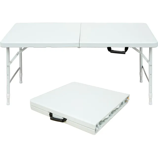 MODFU Buitentafel 125x61x58-74 cm van kunststof en ijzer, inklapbaar met handgreep, wit