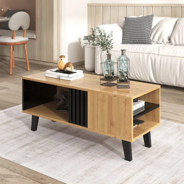 REDOM Salontafel 100×60×45 cm – natuurlijke houtkleur & zwart, ruime opbergruimte, waterbestendig oppervlak