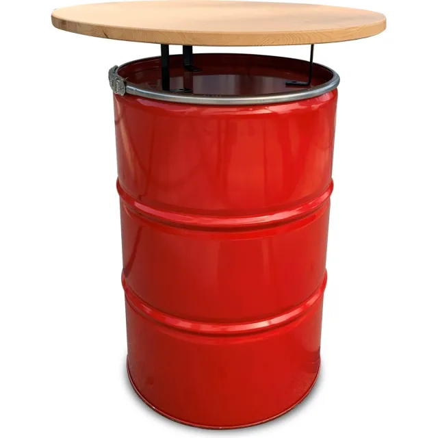Barrelkings Industriële Statafel/Bartafel - Rood Metaal Olievat - Ø80x105 cm - 200L - Gelakt Houten Tafelblad