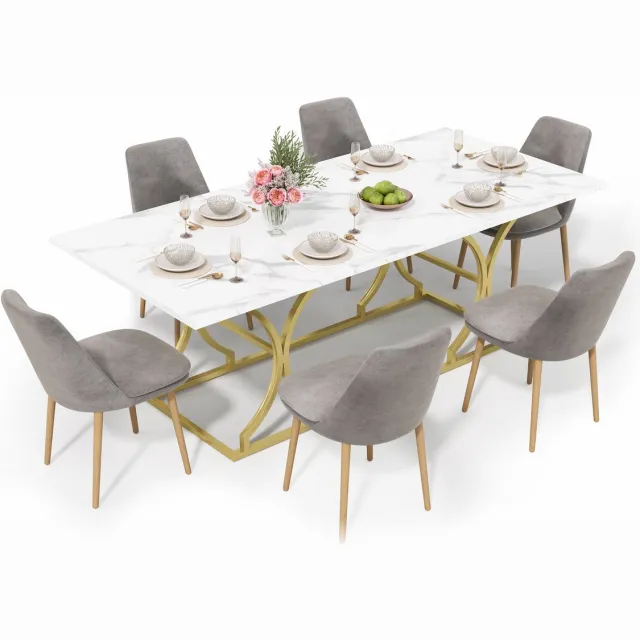 MUVANO Eettafel 200 x 80 x 76 cm - moderne marmerlook - eettafel voor 8 tot 10 personen - melamine tafelblad 2,5 cm - goudkleurige metalen poten voor eetkamer en keuken wit