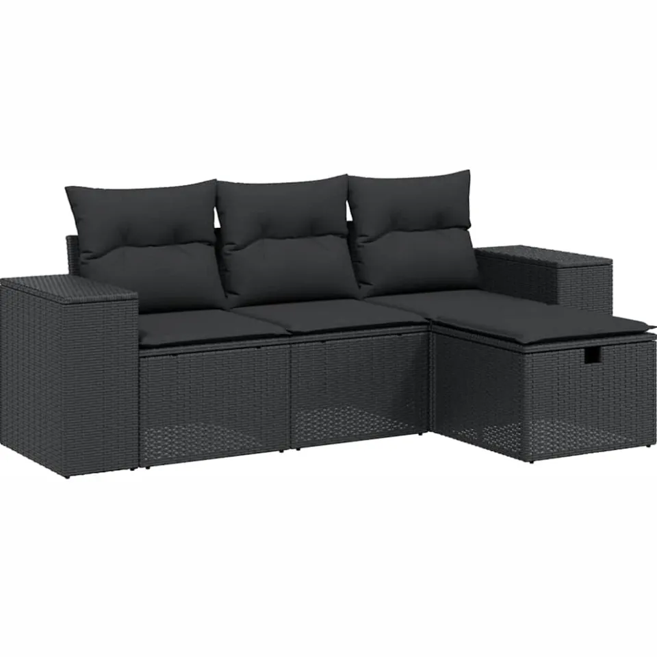 vidaXL 4-delige Loungeset met kussens poly rattan zwart, foto 3
