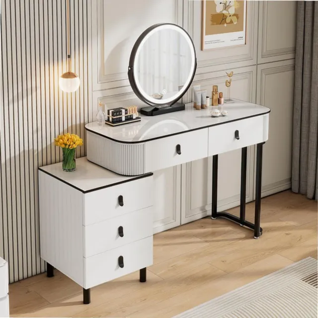 Sierra , Make-uptafel met dimbare lampen, kaptafel met 5 laden van massief hout, flexibele montage, 100 x 40 x 125 cm, moderne kaptafel, wit + zwart, MB6109ws