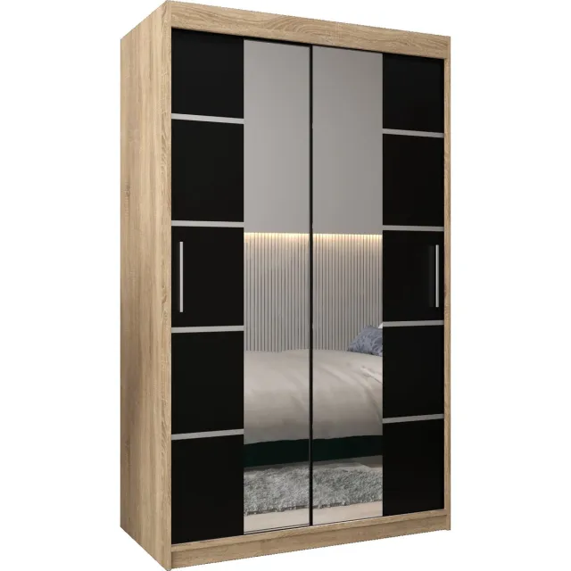 InspireME Kledingkast met 2 schuifdeuren, Modern-stijl, Kledingkast met planken (BxHxD): 120x200x62 - VENTILA IV 120 Sonoma Eik + Zwart Mat