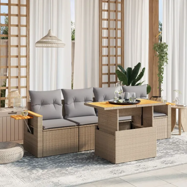 vidaXL 5-delige Loungeset met kussens poly rattan beige, foto 2