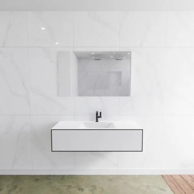 Mondiaz Badkamermeubelset Mondiaz LAGOM 120 cm met Gecentreerde Wastafel Solid Surface Met 1 Kraangat Mat Wit (1 lade)