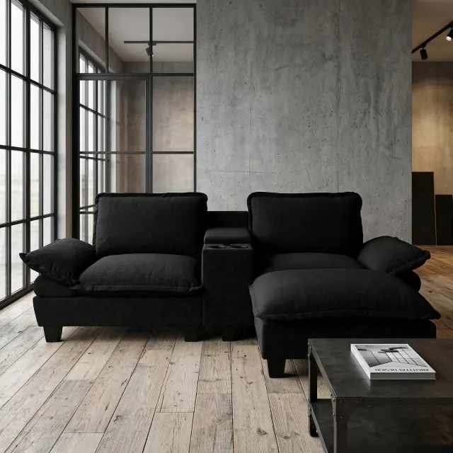 MIVRAY Hoekbank 224 x 151 x 90 cm - Met Usb, Opbergruimte En Bekerhouders - Voor Woonkamer En Appartement - Chenille Zwart