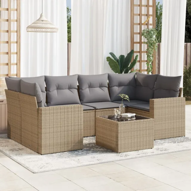 vidaXL 7-delige Loungeset met kussens poly rattan beige, foto 2