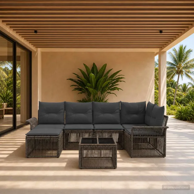 vidaXL Tuinbankenset 7 st 6-zits Grijs poly rattan, foto 2