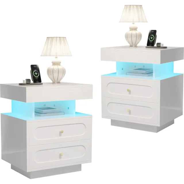 Wishdor Nachtkastje Met Ledverlichting - 2 Lades En Open Vak - Spaanplaat - Wit - 100 X 40 X 60 Cm