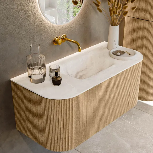 Mondiaz KURVE-DLUX 100 cm Onderkast Greeploos 1 Lade Met Deuren Oak, Wastafel Solid Surface MIdden Frappe 0 Kraangaten Zonder Spiegel (KRVGRU100L+R1L2D0KM-Oak/Fra)