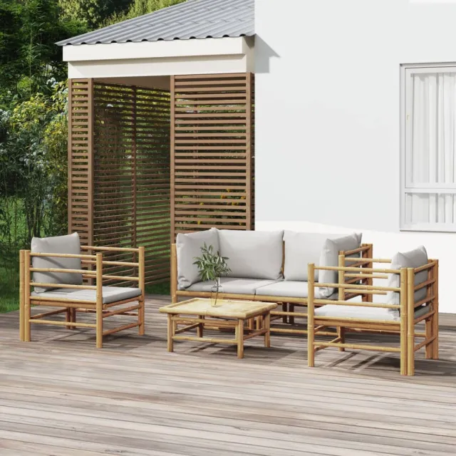 vidaXL 5-delige Loungeset met kussens bamboe lichtgrijs Bruin