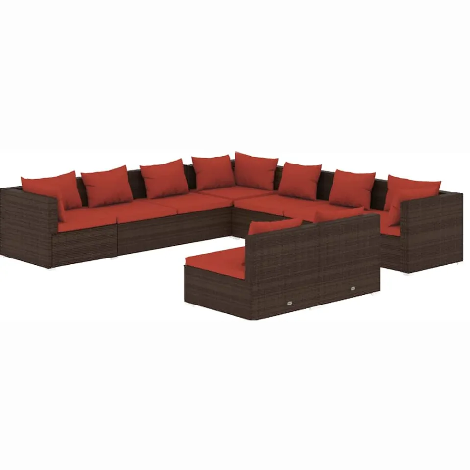 vidaXL 9-delige Loungeset met kussens poly rattan bruin, foto 4
