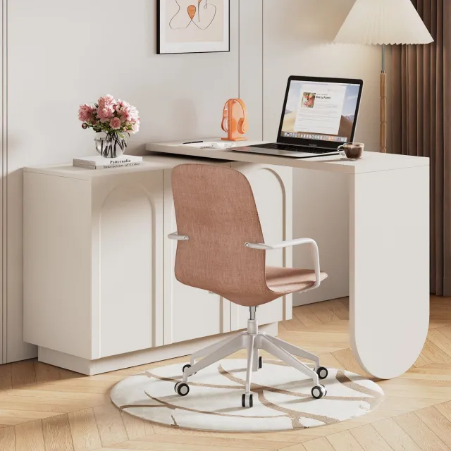 Wishdor Hoekbureau met draaibaar blad en drie kasten - Draaibaar en compact op te bergen - Verstelbare legplanken en zacht sluitende deuren - Kantoor en werkkamer - Wit MDF - 110 x 40 x 75 cm