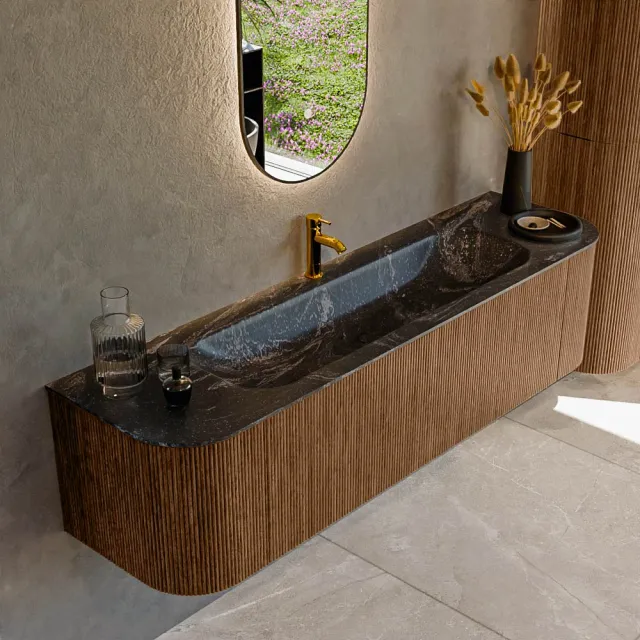 Mondiaz KURVE-DLUX 170 cm Onderkast Greeploos 1 Lade Met Deuren Walnut, Wastafel Solid Surface Midden Lava 1 Kraangat Zonder Spiegel (KRVBGL170L+R1L2D1KM-Wal/Lav)