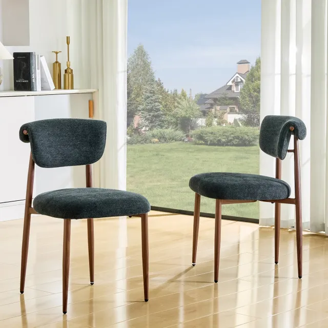 Clruro Eetkamerstoelen - 2 Stuks - Gepolsterde Keukenstoel Zonder Armleuningen - Gebogen Rugleuning - Linnen - Naturel Zwart