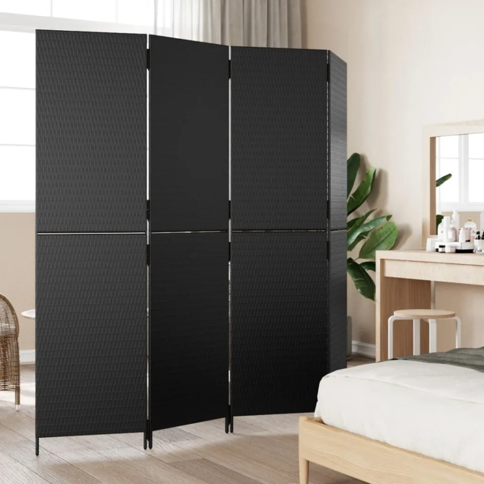 vidaXL Kamerscherm 4 panelen poly rattan zwart, foto 3
