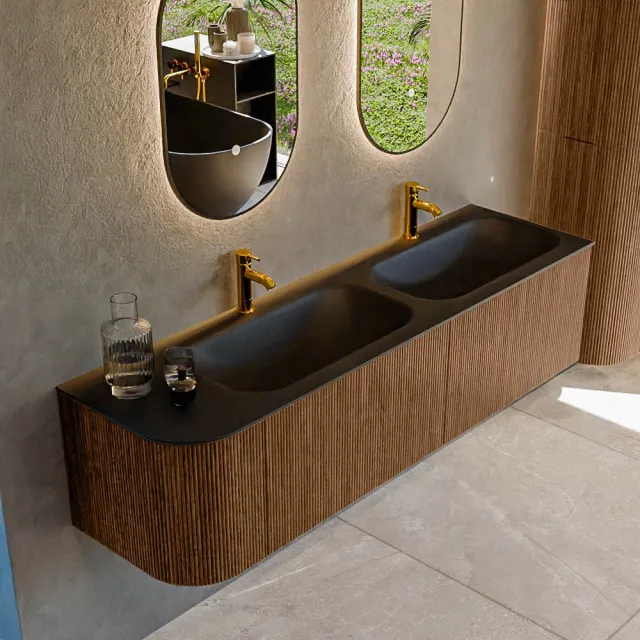 Mondiaz KURVE 165 cm Onderkast Greeploos 2 Lades Met Deuren Walnut, Wastafel Solid Surface Rechts Urban 0 Kraangaten Zonder Spiegel (KRVBGS165L2L1D0KD-Wal/Urb)