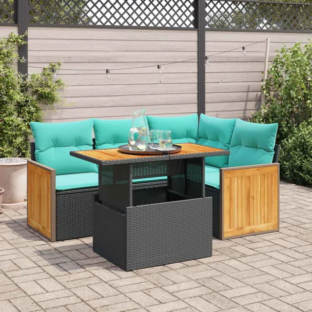 vidaXL 5-delige Loungeset met kussens poly rattan acacia zwart, foto 2