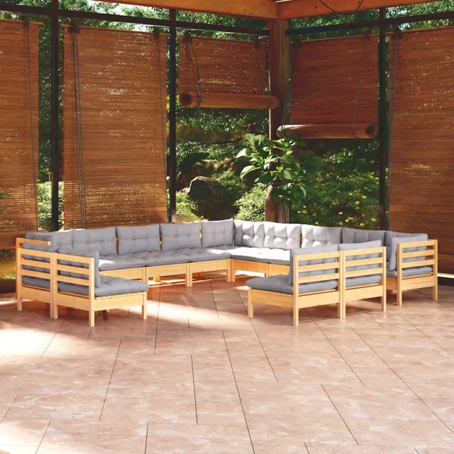 vidaXL 13-delige Loungeset met grijze kussens massief grenenhout grijs, foto 2