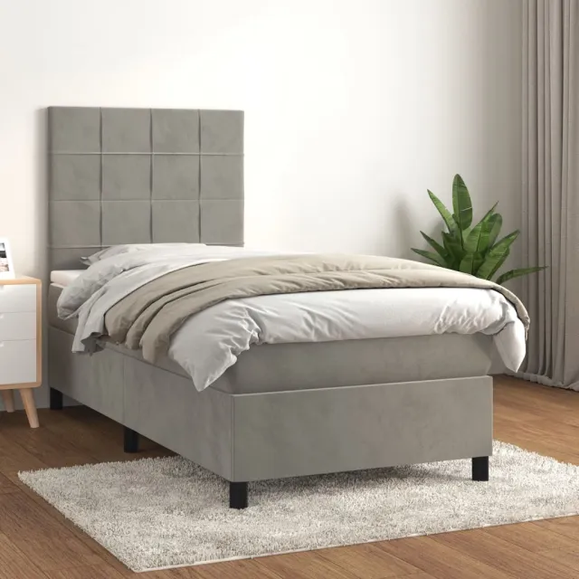 vidaXL Boxspring met matras fluweel lichtgrijs 90x200 cm grijs