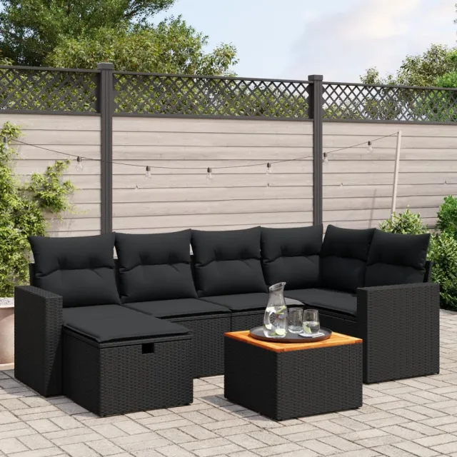 vidaXL 7-delige Loungeset met kussens poly rattan zwart, foto 2