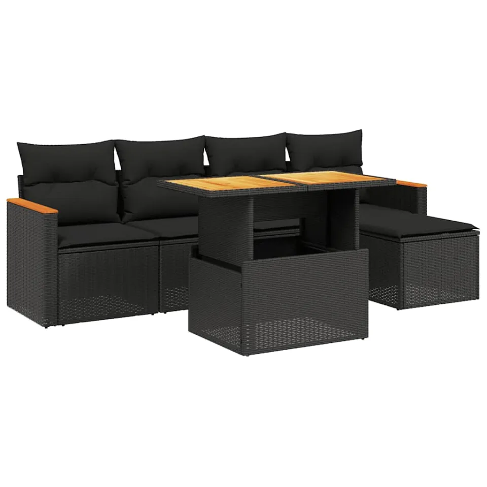 vidaXL 6-delige Loungeset met kussens poly rattan zwart, foto 3