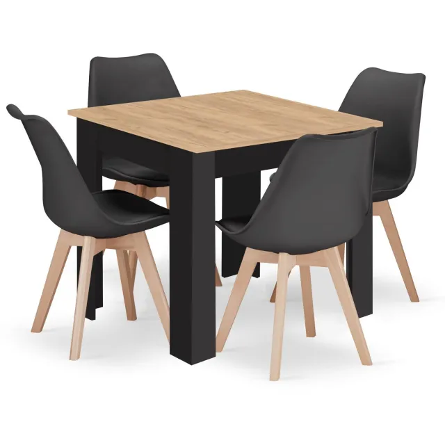 LEOBERT Eettafelset NP 80x80 Eiken Artisan Kleur met Zwarte Poten + 4 Stoelen MARK Zwart met Beukenhouten Poten, Modern Design, Geschikt voor Keuken, Eetkamer en Woonkamer eikenkleur / wit