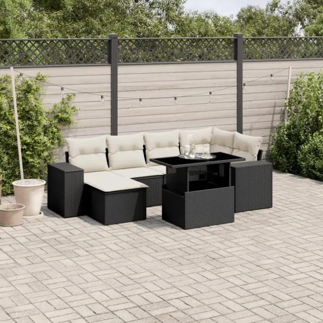 vidaXL 7-delige Loungeset met kussens poly rattan zwart, foto 2