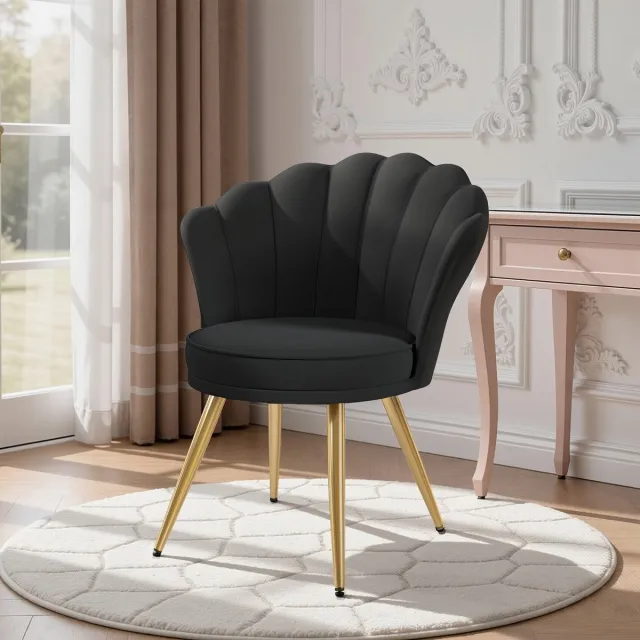 hawthyhome Moderne Accentstoel Fluweel, Gestoffeerde Fauteuil met Gouden Metalen Poten, Elegante Kaptafelstoel voor Woonkamer, Slaapkamer of Make-uphoek – Zwart