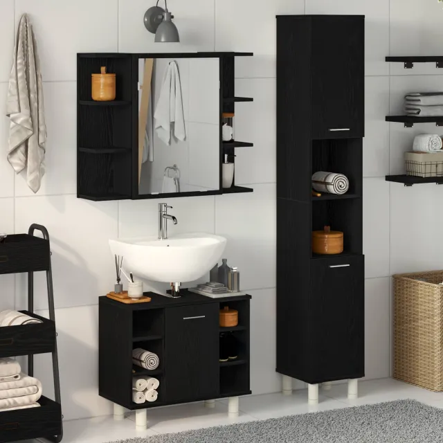 vidaXL Badkamermeubelset 3 st Zwart 30 x 30 x 179,5 cm Bewerkt hout, foto 2