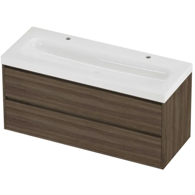 Proline Haga Badmeubelset Polystone Mezza 2 Kraangaten Greeploos 120x46x58 cm Glans Wit Vital Oak Eiken
