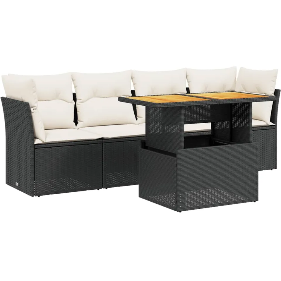 vidaXL 5-delige Loungeset met kussens poly rattan zwart