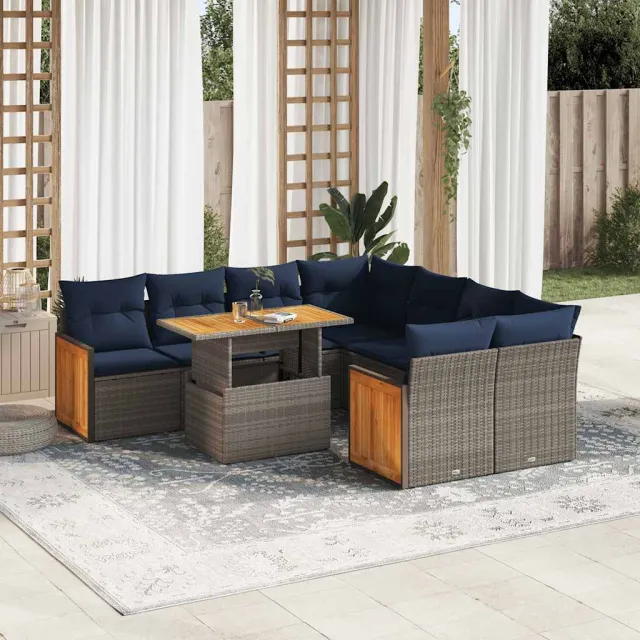 vidaXL 9-delige Loungeset met kussens poly rattan acacia grijs, foto 2