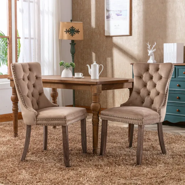 Welltin Eetkamerstoelen - Set Van 2 - Gestoffeerde eetkamerstoel - Eettafelstoel - Eetkamerstoelen - Stoel - Flueel - Houten stoelpoten - Modern Design - Khaki