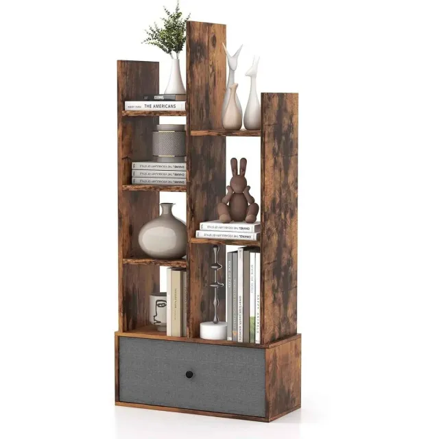 C. , R. E. CORE Boekenkast - Boomstronk geïnspireerd - Staande plankenkast - Met lade en 7 vakken - Industriële stijl - 53x24x118cm - Rustiek Bruin