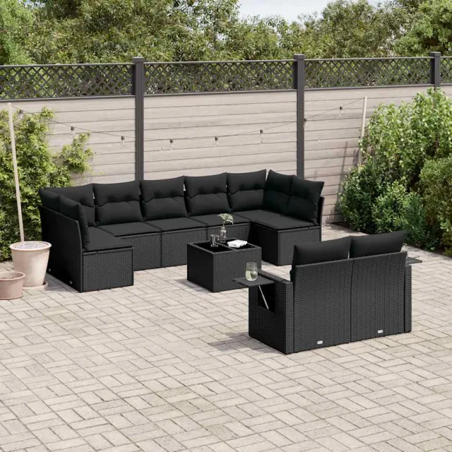 vidaXL 10-delige Loungeset met kussens poly rattan zwart, foto 2