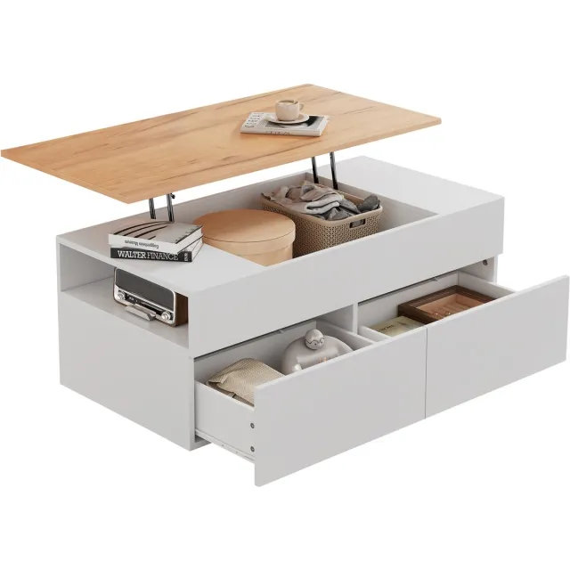 MODFU Salontafel 100x50x40 cm van spanplaat wit en hout, verstelbaar blad met opbergruimte en 2 lades