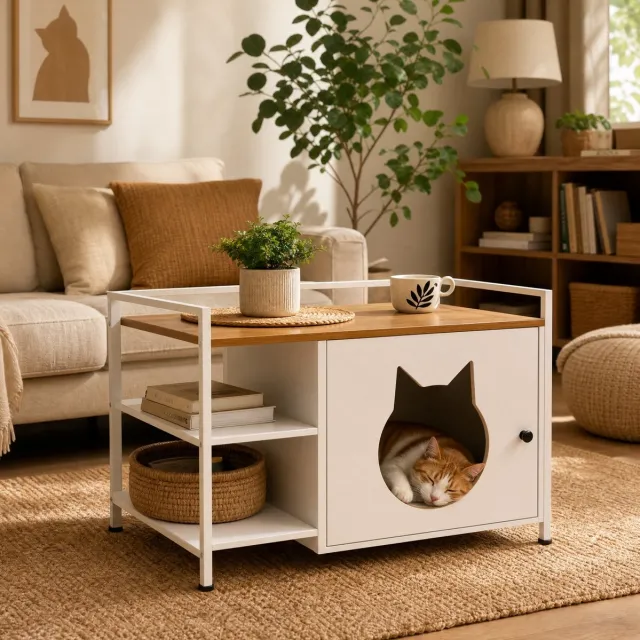 DESMIU Bijzettafel - Kattenhuis En Kattentoiletkast Met Opbergvakken - Voor Woonkamer En Slaapkamer - MDF En Metaal - Wit Licht Eiken - 76x54x59 Cm Wit + licht eiken