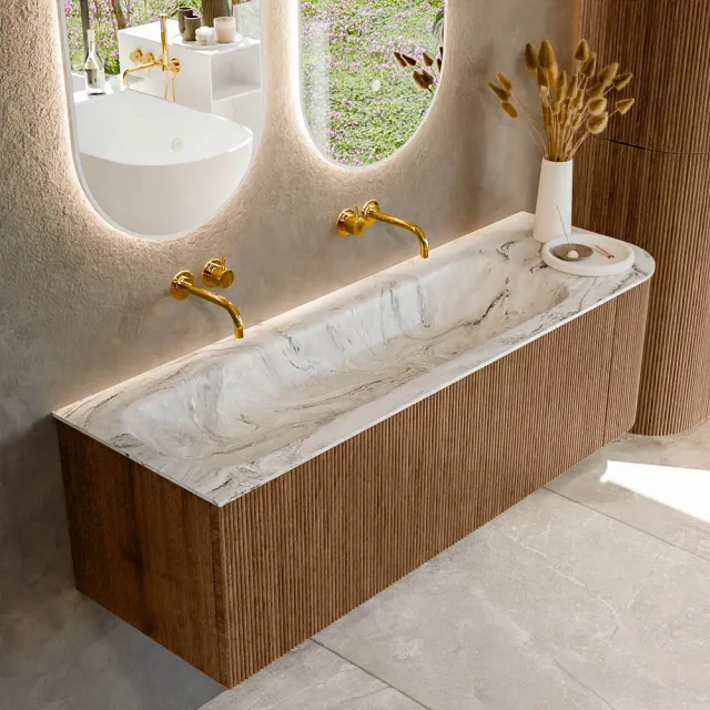 Mondiaz KURVE-DLUX 145 cm Onderkast Greeploos 1 Lade Met Deuren Walnut, Wastafel Solid Surface Links Opalo 0 Kraangaten Zonder Spiegel (KRVBGL145R1L1D0KL-Wal/Opa)