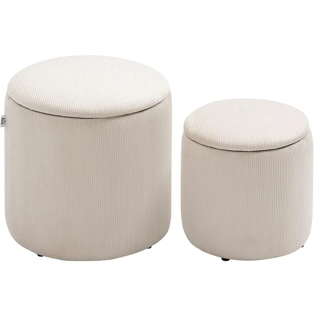 Allero Poef met Opbergruimte - Poef - Hocker met Opbergruimte - Rond - Twee Stuks - Geribbeld Fluweel - 30cm - 40cm - Crème Crème wit