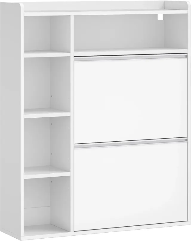 Happiq Schoenenkast - Voor Gang of Entree - Smal met 2 Kleppen en 5 Open Vakken - Wit White