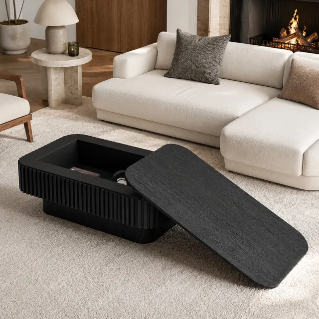 REDOM Salontafel - Verborgen opbergruimte - Afneembaar klapdeksel - Geribbelde structuur - Moderne stijl - Woonkamer - MDF en houtfineer - Zwart - 98 x 60 x 35 cm